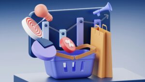 3D illustration of marketing elements including shopping basket, target, light bulb and graph, symbolising strategy and sales