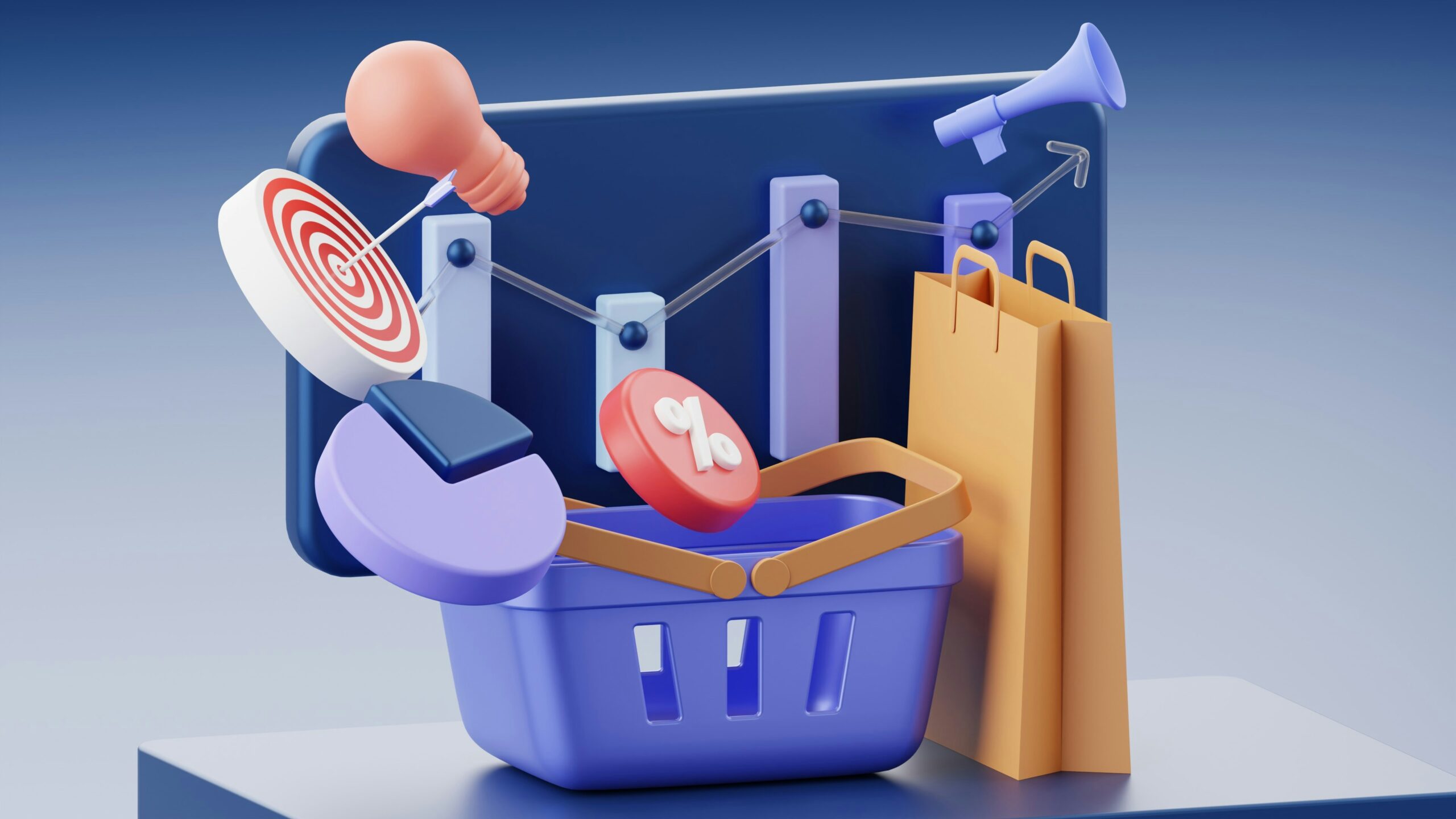 3D illustration of marketing elements including shopping basket, target, light bulb and graph, symbolising strategy and sales