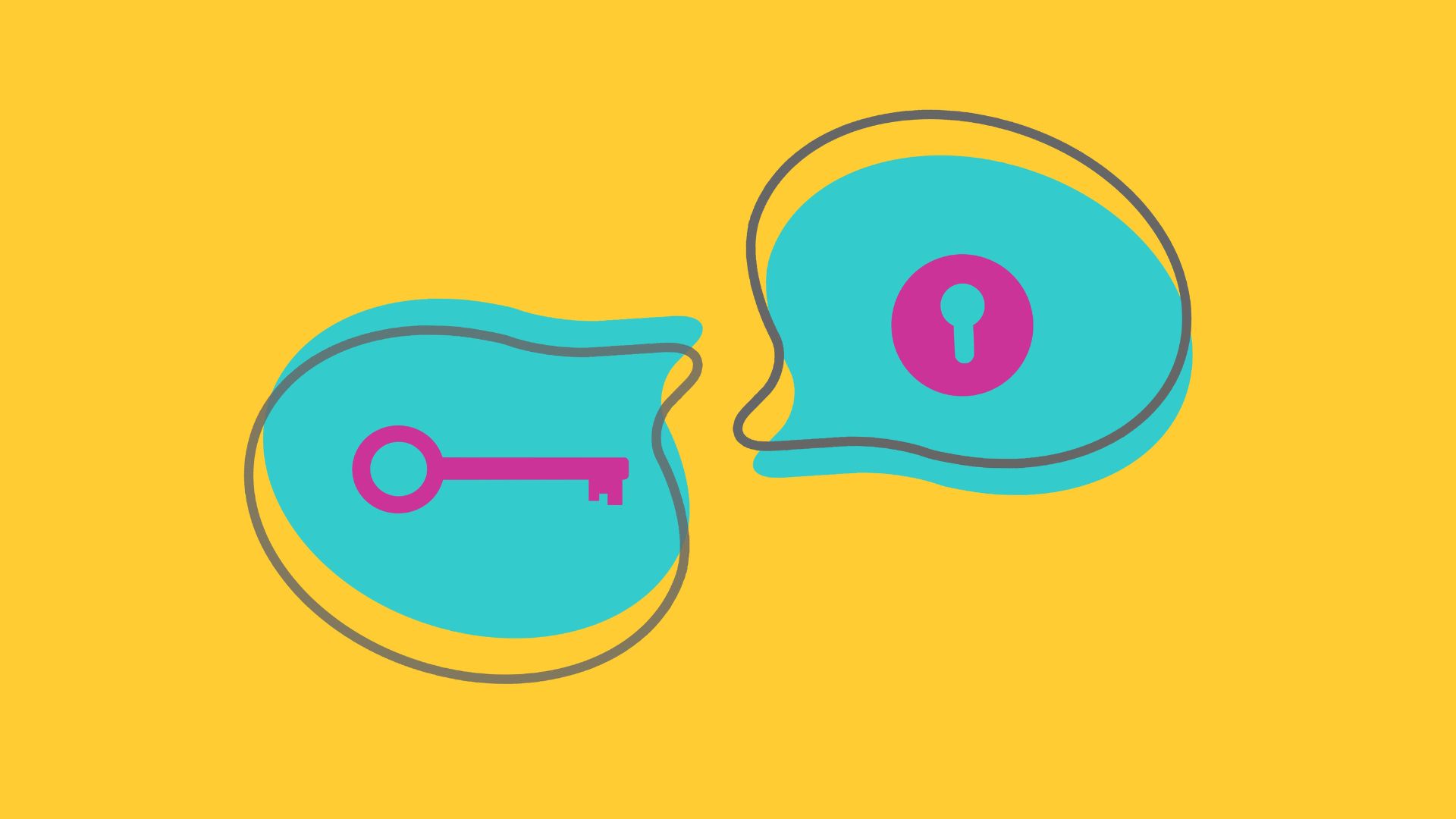 Abstract illustration of two speech bubbles with a key and keyhole, representing the process of unlocking communication and connection