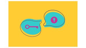 Abstract illustration of two speech bubbles with a key and keyhole, representing the process of unlocking communication and connection
