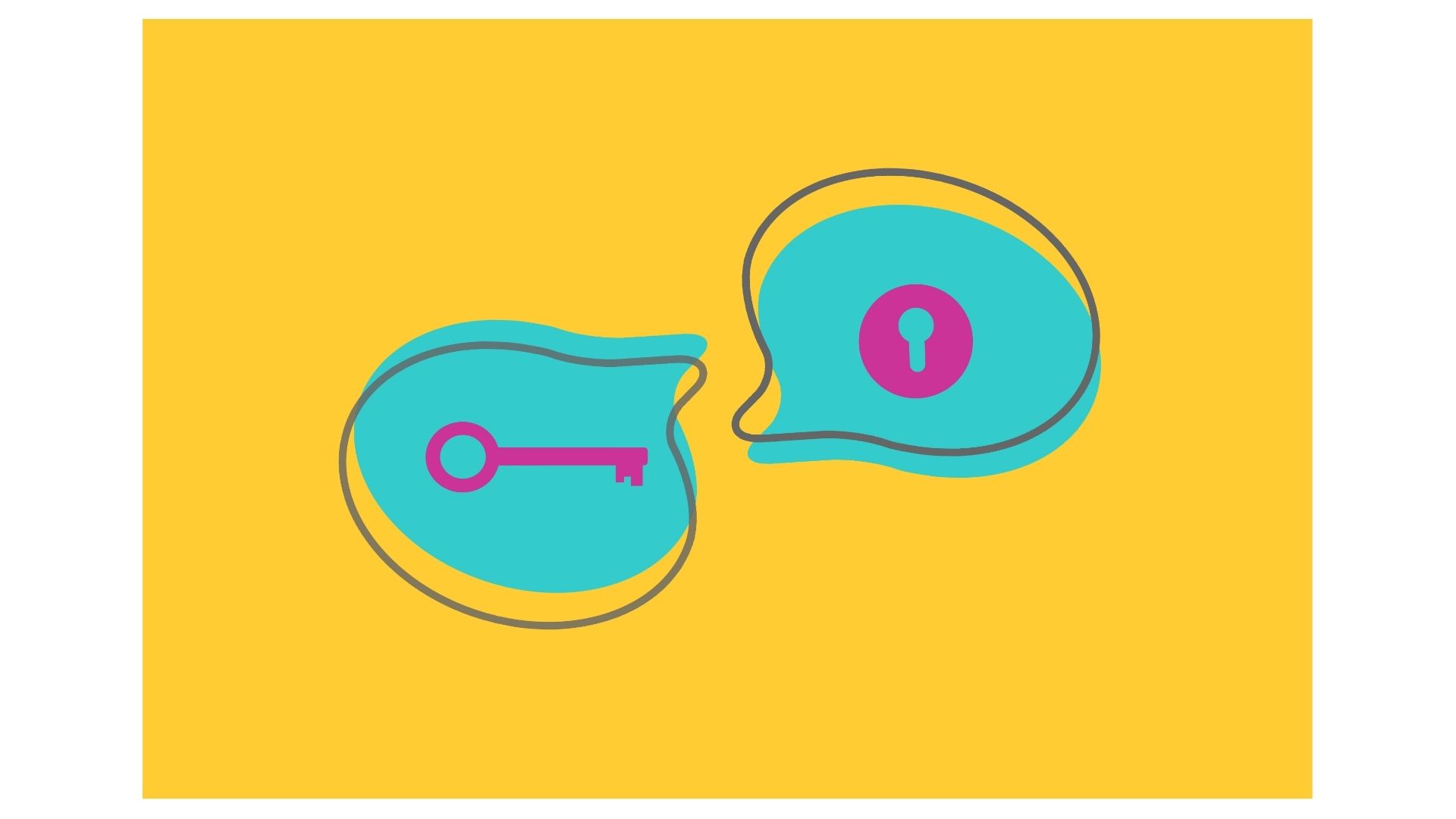 Abstract illustration of two speech bubbles with a key and keyhole, representing the process of unlocking communication and connection