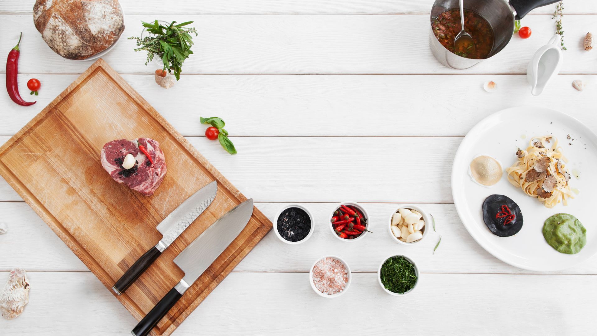 Fresh ingredients and prepared food illustrating German-to-English food and drink translation for international markets
